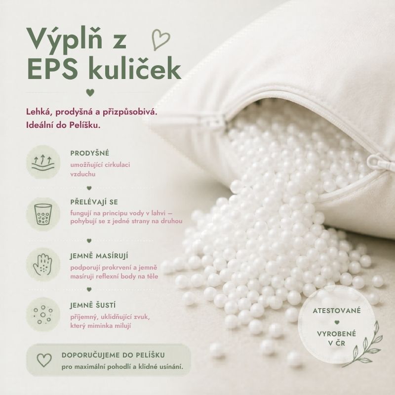 EPS kuličky — jemné 3–4mm kuličky, přelévají se jako voda v lahvi, výplň polštáře Matýsek