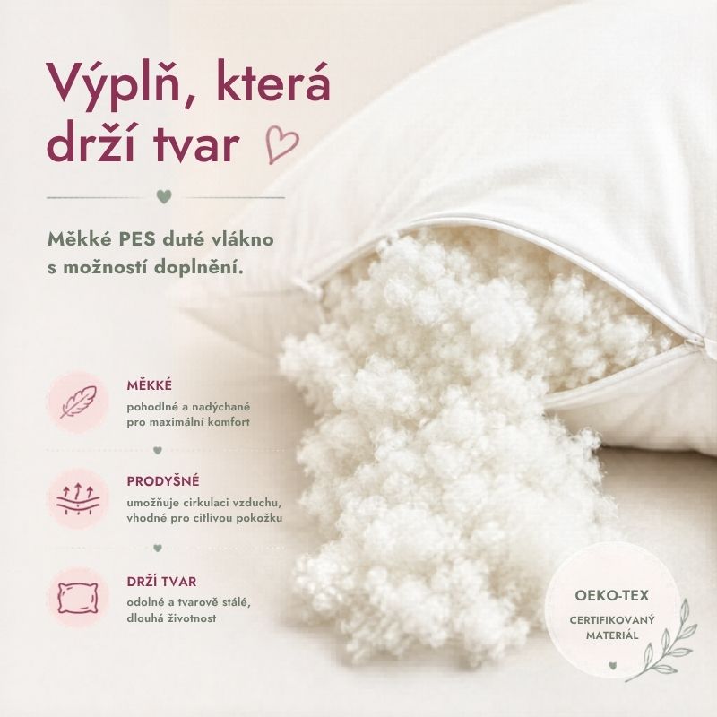 PES duté vlákno — měkká nadýchaná výplň kojicího polštáře Matýsek, drží tvar, OEKO-TEX