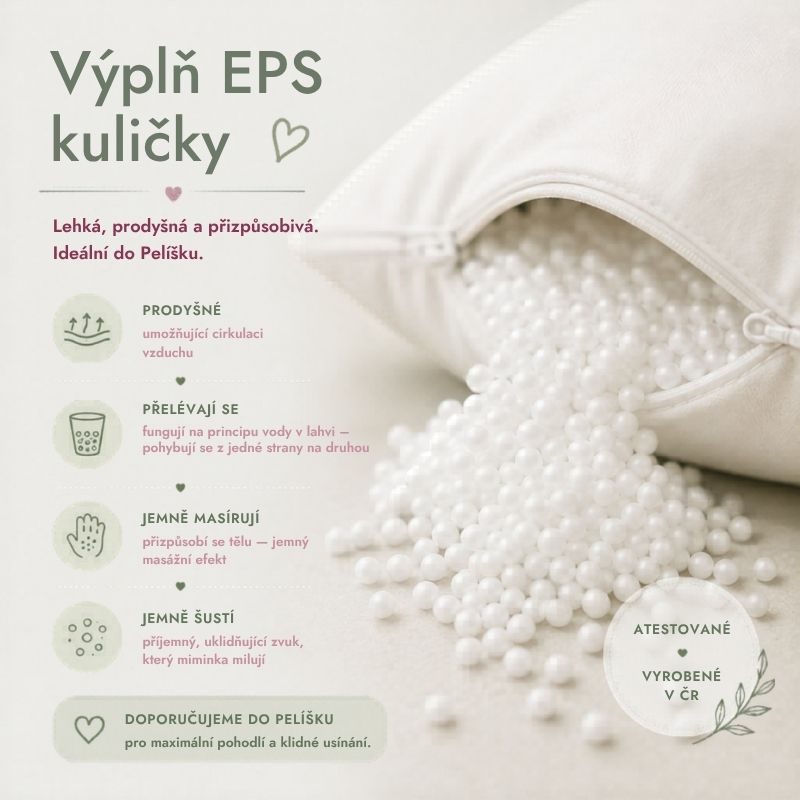 EPS kuličky jako výplň polštáře a Pelíšku Matýsek — lehké, prodyšné, přelévají se, jemný masážní efekt